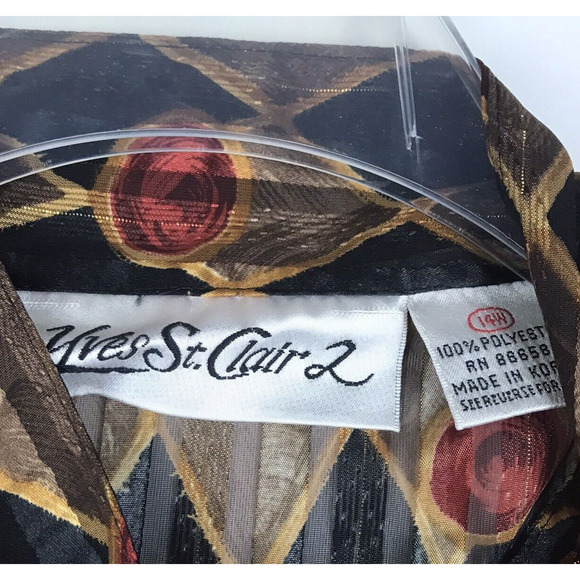 Vintage Yves St Clair 2 Button Up Top Sheer Blouse Diamond Black Gold Red Sz 14W - Picture 7 of 10